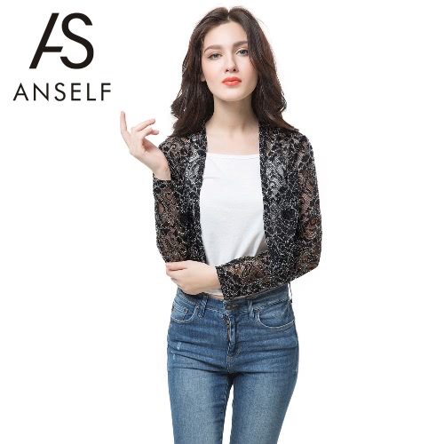 

Anself Chic Lace Long Sleeve Sheer Short Black Sunscreen Coat for Women