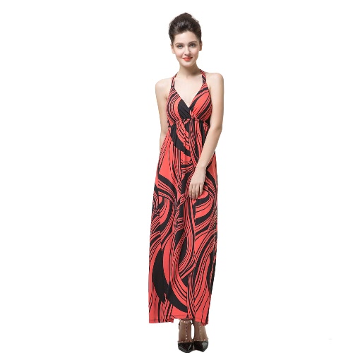 

Мода Print Halter Deep V-образным вырезом Крест Backless Slim Sexy Dress