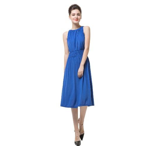

Sleeveless Slash Neck Drawstring Fold Split Blue Dress