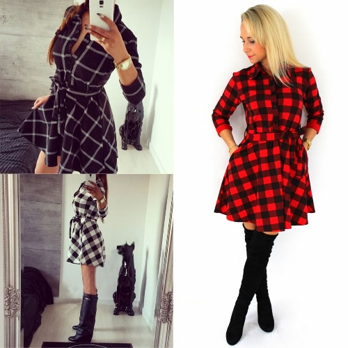 

Plaid Turn-Down Collar 3/4 Sleeve Sashes Retro Belted Mini Dress