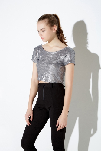 

Sexy Sequined Backless Round Neck Short Sleeve Crop Top