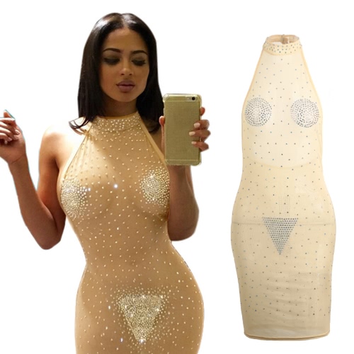 Nouvelles femmes Sexy robe Bodycon voir à travers les maille diamants manches Backless Club Party Mini robe kaki