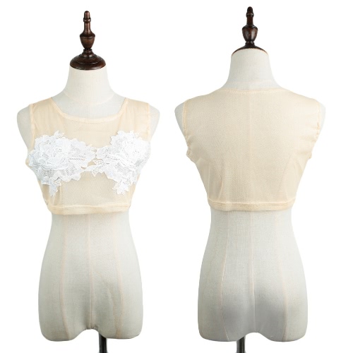 Nuove donne Sexy ritagliare pizzo Crochet superiore puro maglia giro collo senza maniche Canotta Beige