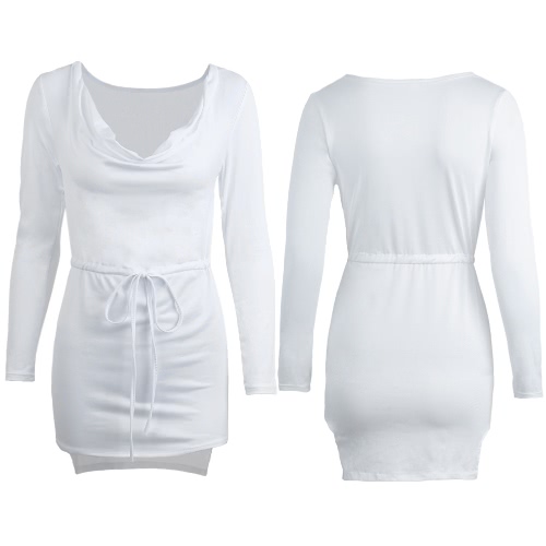 

Women Mini Bodycon Dress Pencil Draped Dress Sexy Clubwear Cowl-Neck Asymmetric Hem Solid Color Dress White