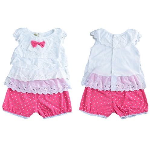 New Girls Kids Blouse Top Vest Shorts Cascading Ruffle Dot Embroidery Sleeveless Elastic Waistband Cute Casual Children Two-Piece Set