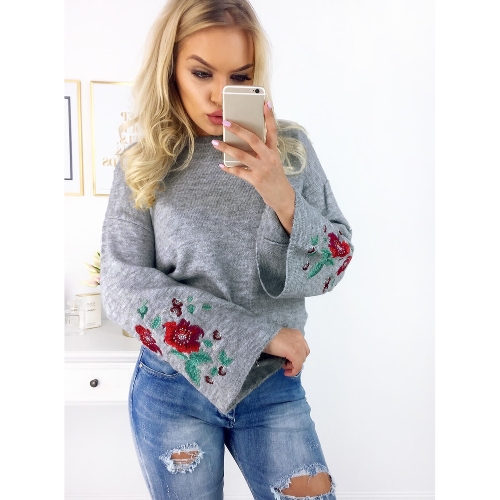 

Женщины Вязаные свитера Цветочные вышивки Pullover Jumper Flare с длинным рукавом Повседневный Loose Tops