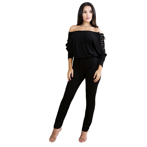 

Solid Off Shoulder Jumpsuit Lace Up Bandage Bodycon Clubwear Romper Playsuit