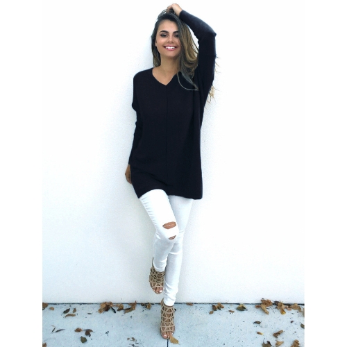 

Women Long Sleeves Solid Top V-Neck Loose Pullover T-Shirt