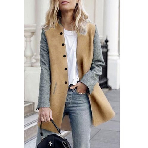

Women Winter Color Splice Long Sleeves Side Pockets Buttons Outerwear Coat