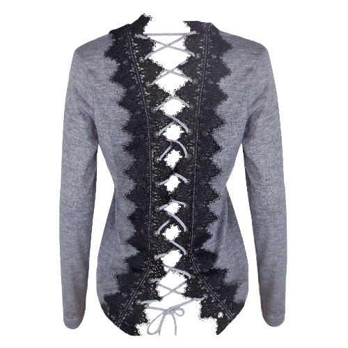 

Women Knit Sweater Lace Up Backless O-Neck Long Sleeve Lace Patch Pullover Casual Tops Black/Grey