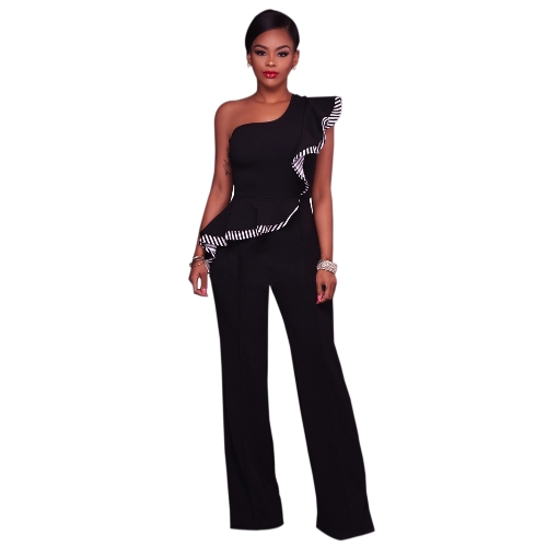 Sexy Frauen Jumpsuit One-Shoulder Rüschen Ärmellose Breite Beine Elegante Casual Strampler