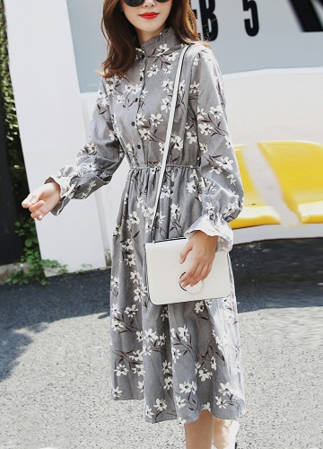 

Women Vintage Print Dress Elastic Waist Stand Collar Long Sleeve Corduroy Dress
