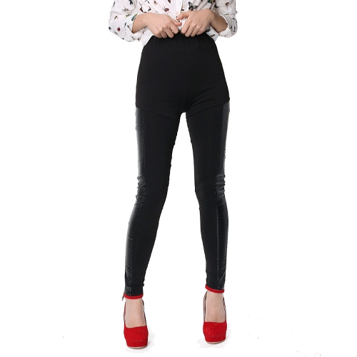 

Sexy Women Slim Leather Splice Elastic High Waist Cool Skinny Pencil Leggings