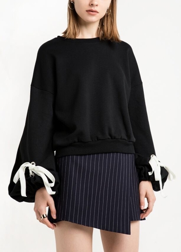 

Women Loose Fleece Lace Up Bandage Cuff Round Neck Long Sleeve Casual Sweatershirt