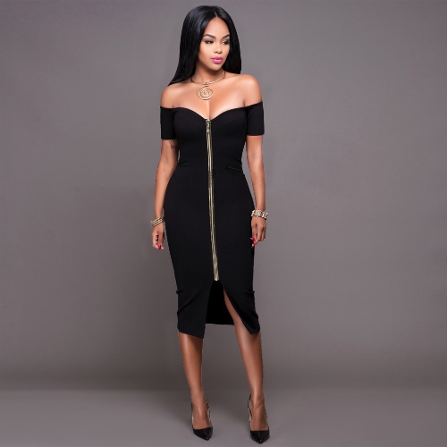 

Sexy Women Solid Off the Shoulder Bodycon Midi Dress