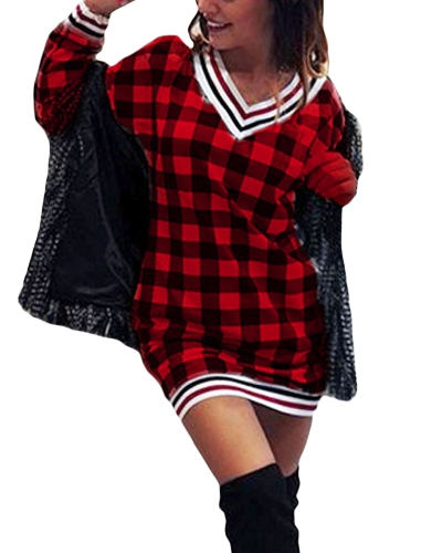 

Sexy Women Plaid Print Striped Deep V-Neck Mini Dress