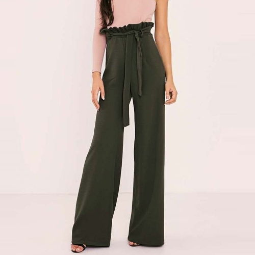 

Women High Waist Pants Belt Ruffle Zip Solid Color Wide Leg Trousers