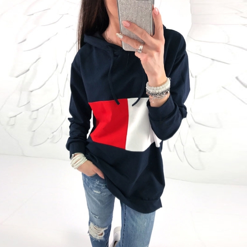 

Мода Женщины Hoodie Контраст Цвет Блок Свободный Пуловер с капюшоном Толстовки