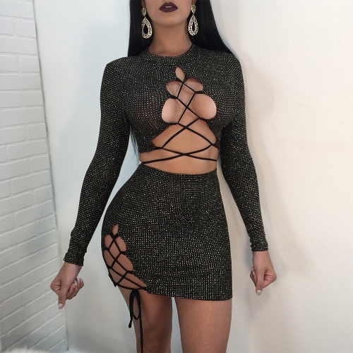 

Sexy Women Cross Lace Up Two-Piece Set Dress