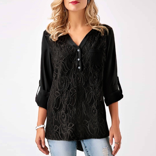 

Women Chiffon Lace V Neck Roll-up Long Sleeves Shirt Blouse