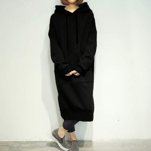 

Women Loose Hooded Dress Solid Long Sleeve Pockets Split Long Sweatshirt