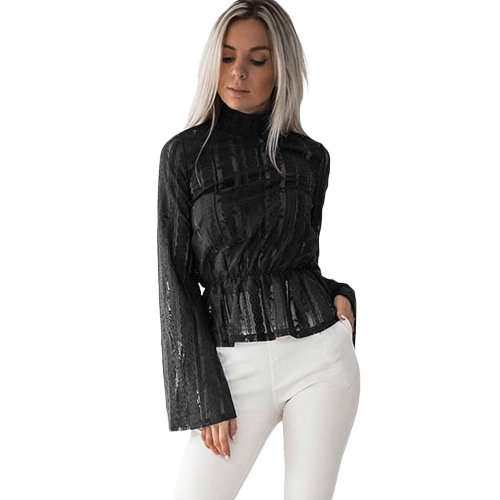 

Women Lace Blouse Long Flare Sleeve Semi-sheer Slim Plus Size Shirt