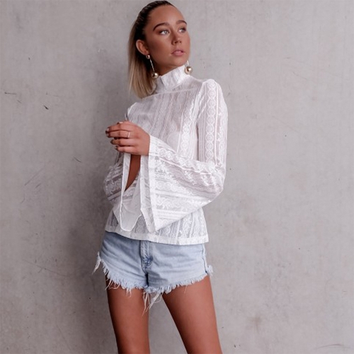 

Women Lace Blouse Long Flare Sleeve Semi-sheer Slim Plus Size Shirt