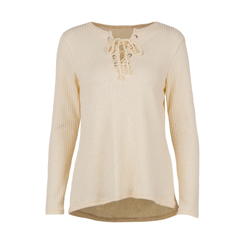 

Autumn Women Lace Up Deep V-Neck Long Sleeve Patch Casual loose Tee Top