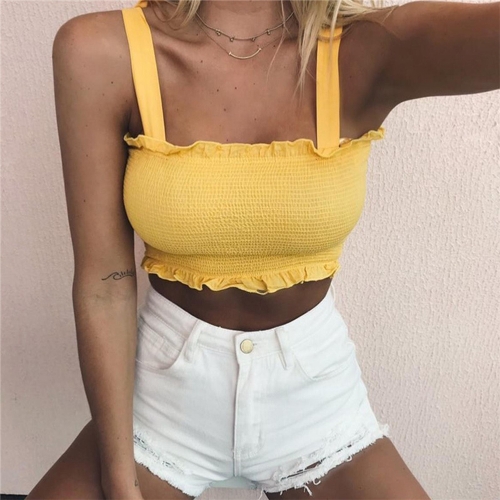 

Sexy Women Crop Strappy Tank Spaghetti Strap Ruffle Sleeveless Slim Bustier Vest