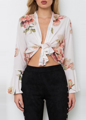 

Women Sexy Crop Top Deep V Neck Shirt Tie Front Flare Sleeve Flower Print Blouse