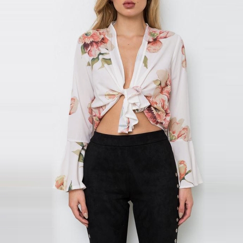 

Женщины Sexy Crop Top Deep V Neck Shirt Tie Front Flare Sleeve Flower Print Blouse