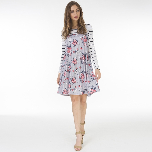 

Women Autumn Floral Stripe Print Dress Long Sleeve Pockets Casual Loose T-Shirt Dress Midi Swing Dress
