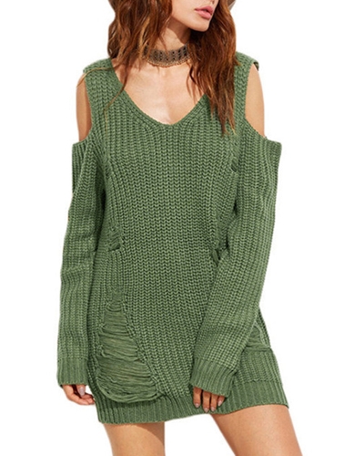 

Women Loose Cold Shoulder Destroyed Holes V-Neck Long Sleeve Warm Knitwear