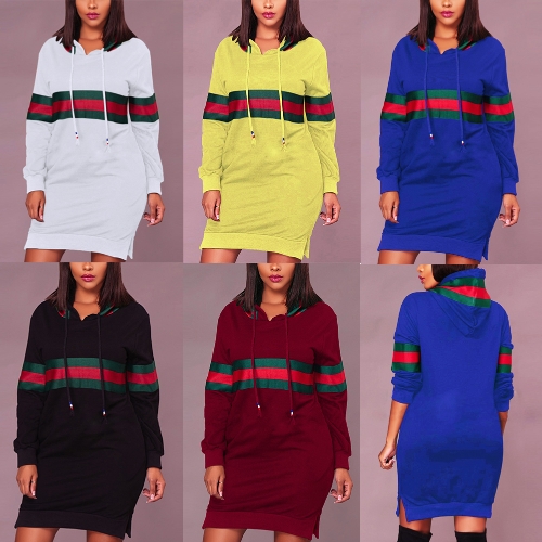 

Women Striped Print Drawstring Hooded Sweatshirt