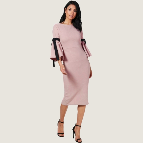 

Women Pencil Dress 3/4 Bell Sleeve Tie Bow High Waist Side Zipper Sheath Elegant Office Party Dress