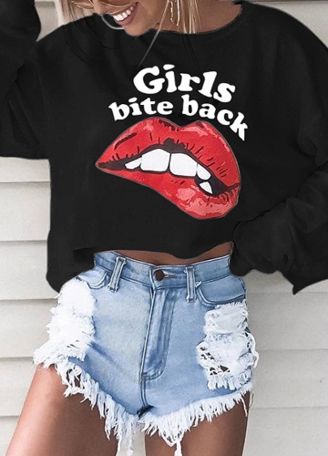 

Women Sexy Red Lips Print Letter Crop Top O-Neck Long Sleeves Tee