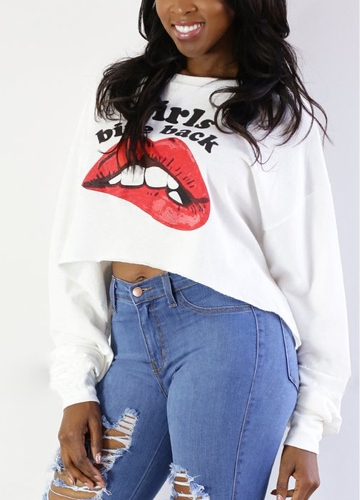 

Women Sexy Red Lips Print Letter Crop Top O-Neck Long Sleeves Tee