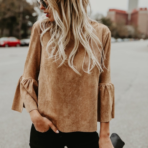 

Women Suede Flare Sleeves O-Neck Elegant Top Blouse