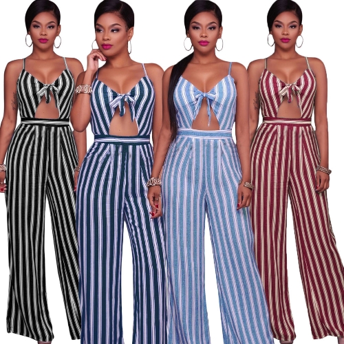 

Women Jumpsuit Romper Spaghetti Strap Striped Lace Up Summer Overalls Backless Sexy Playsuit