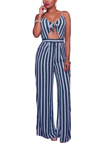 

Women Spaghetti Strap Striped Lace Up Jumpsuit Romper