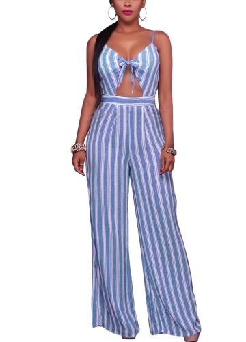 

Women Spaghetti Strap Striped Lace Up Jumpsuit Romper