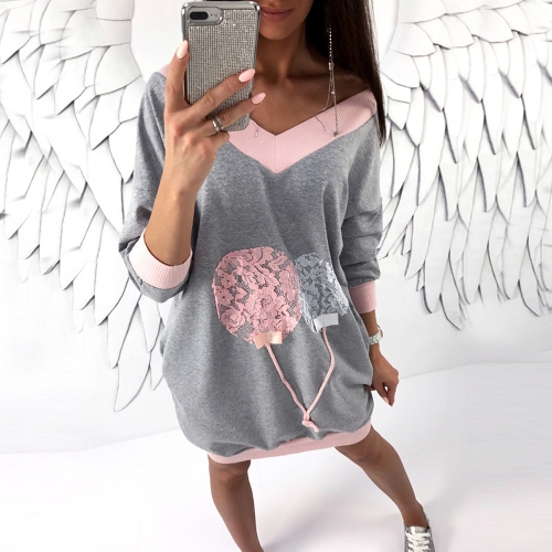 

Fashion Women V Neck Long Top Lace Splice Casual Loose Mini Dress