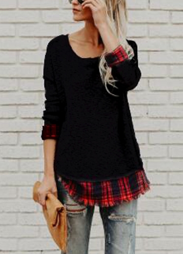 

Women Plaid Shirt Raw Hem Pullover Casual Blouse Top O-Neck T-Shirt