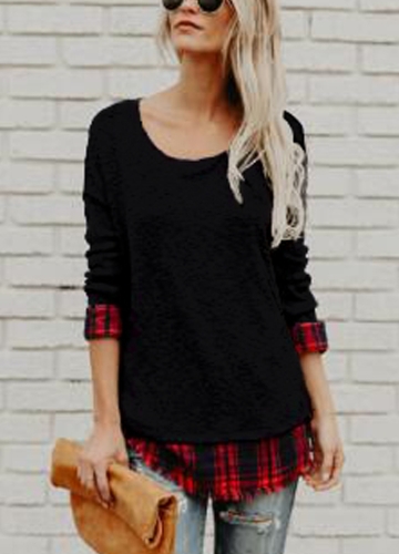 

Женская плед рубашка Raw Hem Pullover повседневная блузка Top O-Neck T-Shirt