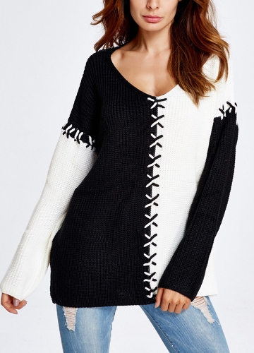 

Women V-Neck Pullover Jumper Contrast Long Sleeve Loose Casual Knitted Sweater