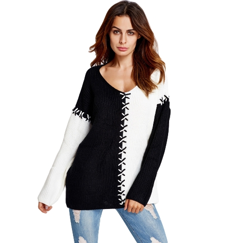 Camisola Tricotada De Mulheres Camisola De V-Neck Jumper Contraste Manga Longa Loose Casual Knitting Top