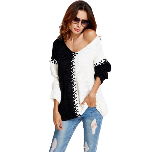 Women Knitted Sweater V-Neck Pullover Jumper Contrast Long Sleeve Loose Casual Knitting Top