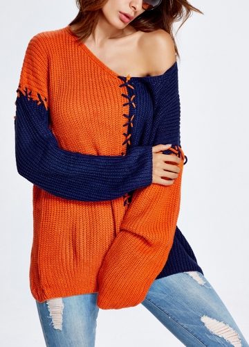 

Women V-Neck Pullover Jumper Contrast Long Sleeve Loose Casual Knitted Sweater