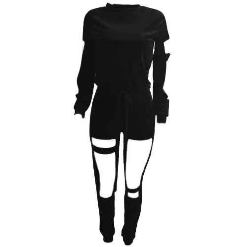 

Sexy Women Velvet Cut Out Sports Top Set Long Sleeves Drawstring Sweatshirts Pants Fitness Casual Two Pieces
