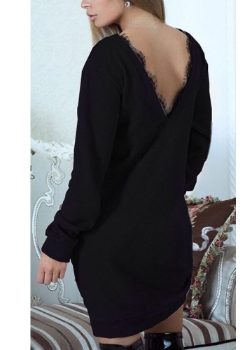 

Women Casual V Backless Dress Eyelash Lace Splice Long Sleeve O Neck Mini Dress